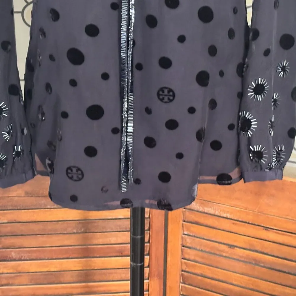 Tory Burch Angela Silk Velvet Dot Beaded Dark Navy Tunic Blouse Top Size 4